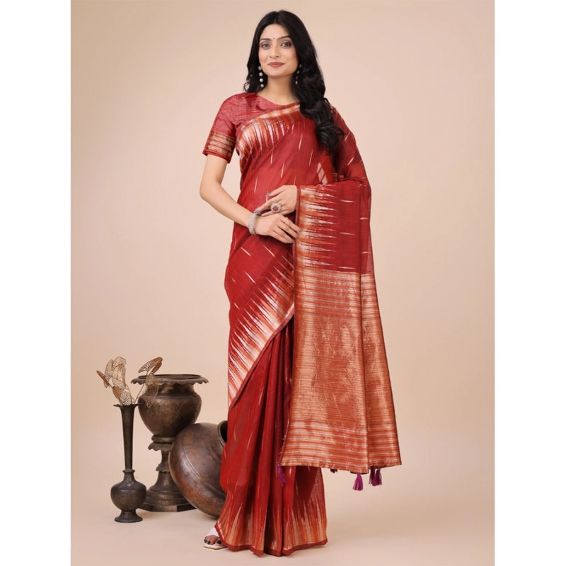 Mayawye Women's Linen Cotton Printed Saree With Unstitched Blouse 5.5Mtr (Red)