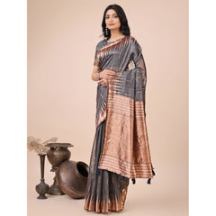 Mayawye Women's Linen Cotton Printed Saree With Unstitched Blouse 5.5Mtr (Grey)