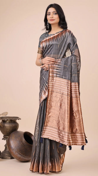 Mayawye Women's Linen Cotton Printed Saree With Unstitched Blouse 5.5Mtr (Grey)