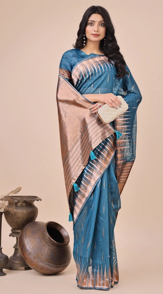 Mayawye Women's Linen Cotton Printed Saree With Unstitched Blouse 5.5Mtr (Blue)