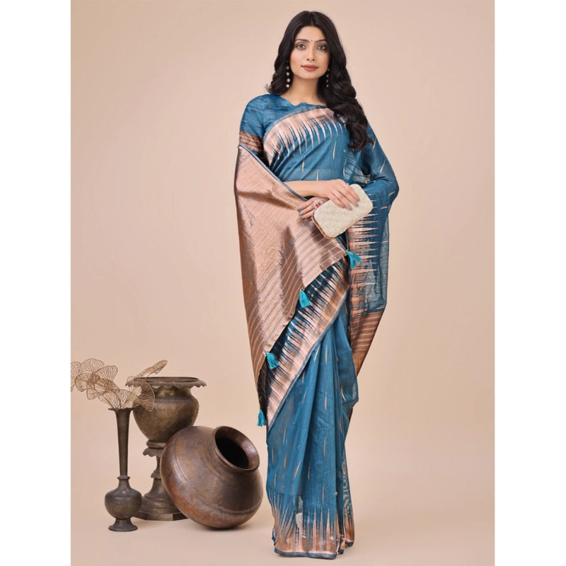 Mayawye Women's Linen Cotton Printed Saree With Unstitched Blouse 5.5Mtr (Blue)
