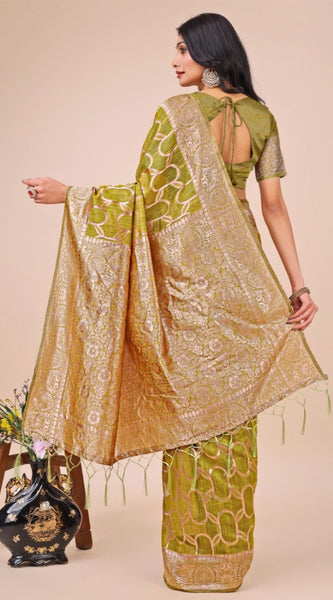 Mayawye Women's Linen Cotton Printed Saree With Unstitched Blouse 5.5Mtr (Olive Green)