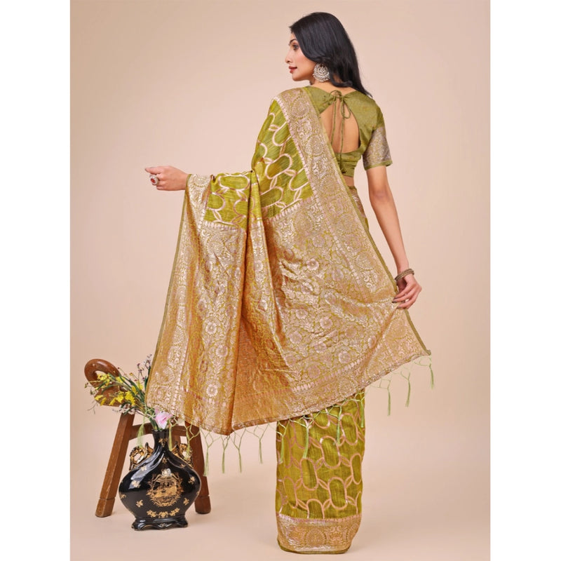 Mayawye Women's Linen Cotton Printed Saree With Unstitched Blouse 5.5Mtr (Olive Green)