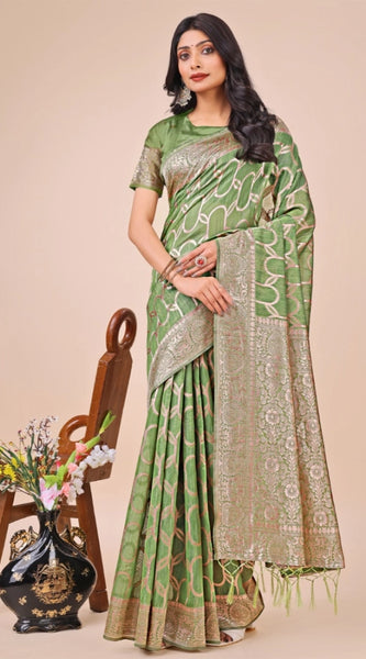Mayawye Women's Linen Cotton Printed Saree With Unstitched Blouse 5.5Mtr (Green)