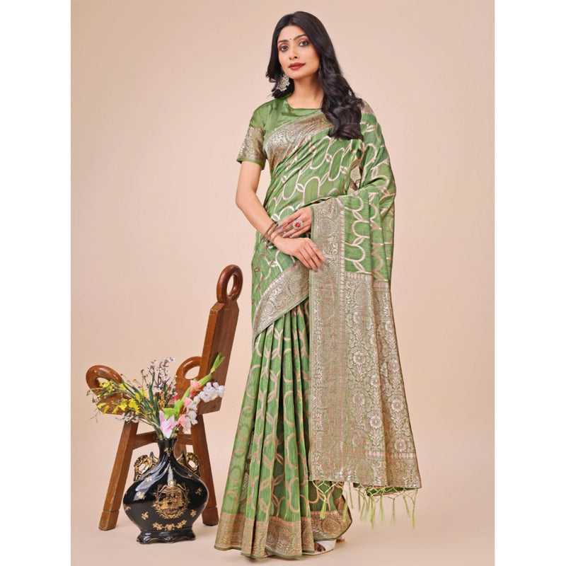 Mayawye Women's Linen Cotton Printed Saree With Unstitched Blouse 5.5Mtr (Green)