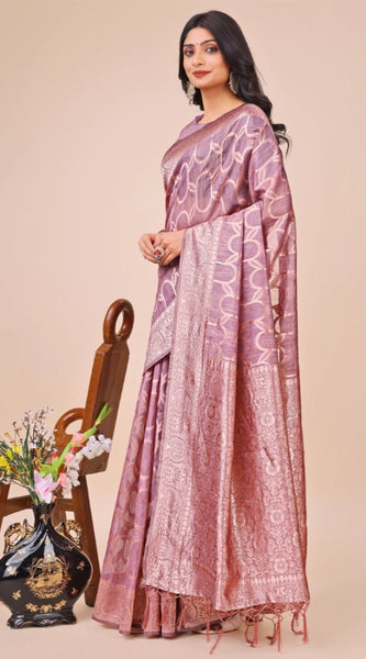 Mayawye Women's Linen Cotton Printed Saree With Unstitched Blouse 5.5Mtr (Purple)