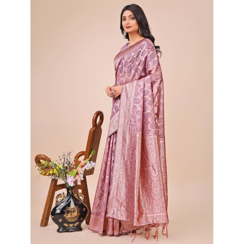 Mayawye Women's Linen Cotton Printed Saree With Unstitched Blouse 5.5Mtr (Purple)