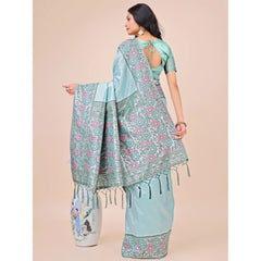 Mayawye Women's Lichi Silk Printed Saree With Unstitched Blouse 5.5Mtr (Teal)