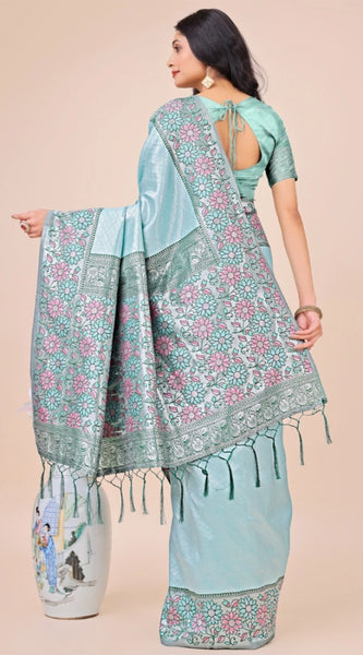 Mayawye Women's Lichi Silk Printed Saree With Unstitched Blouse 5.5Mtr (Teal)