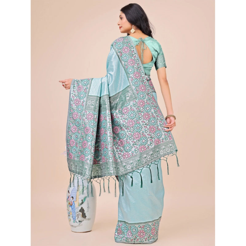 Mayawye Women's Lichi Silk Printed Saree With Unstitched Blouse 5.5Mtr (Teal)