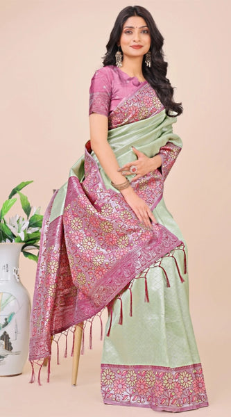 Mayawye Women's Lichi Silk Printed Saree With Unstitched Blouse 5.5Mtr (Olive Green)