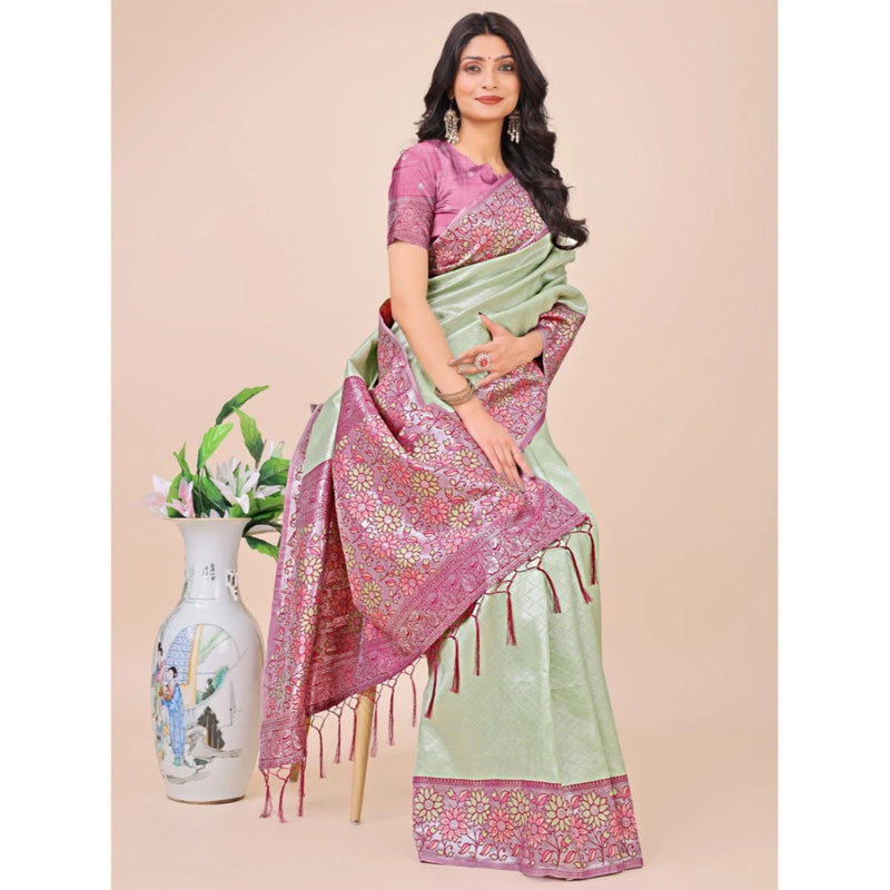 Mayawye Women's Lichi Silk Printed Saree With Unstitched Blouse 5.5Mtr (Olive Green)