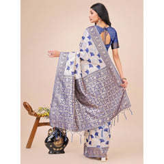 Mayawye Women's Linen Cotton Printed Saree With Unstitched Blouse 5.5Mtr (Blue)