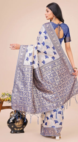 Mayawye Women's Linen Cotton Printed Saree With Unstitched Blouse 5.5Mtr (Blue)