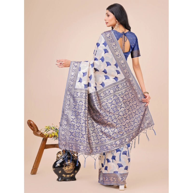 Mayawye Women's Linen Cotton Printed Saree With Unstitched Blouse 5.5Mtr (Blue)