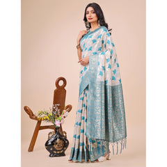Mayawye Women's Linen Cotton Printed Saree With Unstitched Blouse 5.5Mtr (Teal)