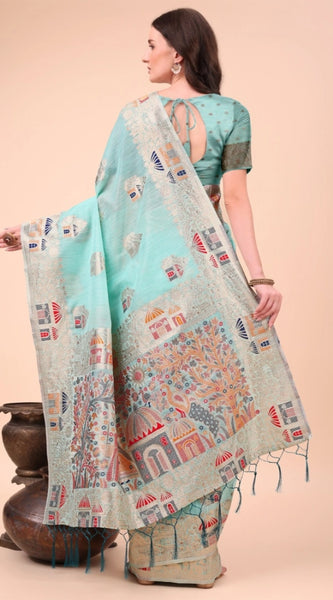 Mayawye Women's Linen Cotton Printed Saree With Unstitched Blouse 5.5Mtr (Sky Blue)