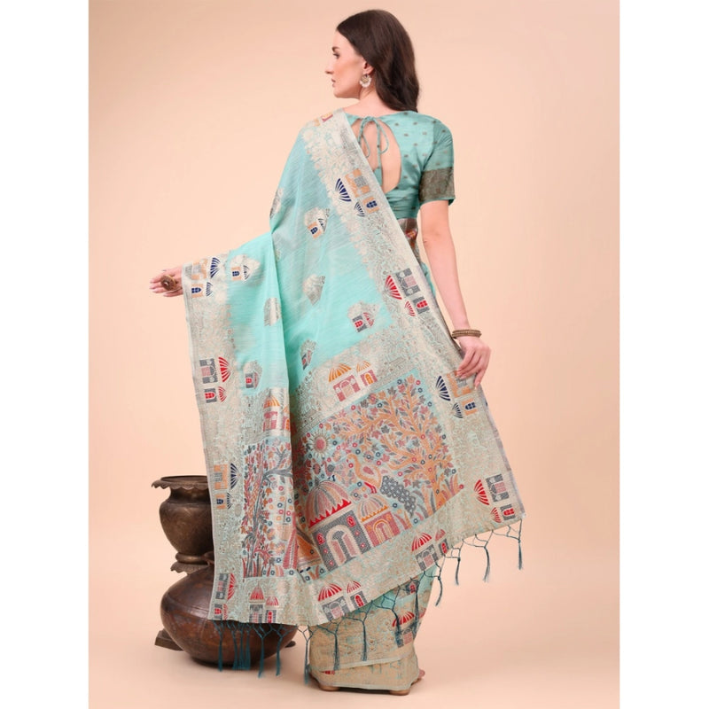 Mayawye Women's Linen Cotton Printed Saree With Unstitched Blouse 5.5Mtr (Sky Blue)
