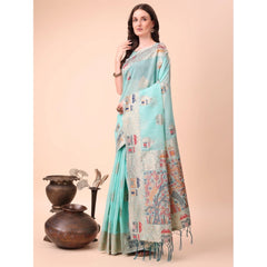 Mayawye Women's Linen Cotton Printed Saree With Unstitched Blouse 5.5Mtr (Sky Blue)