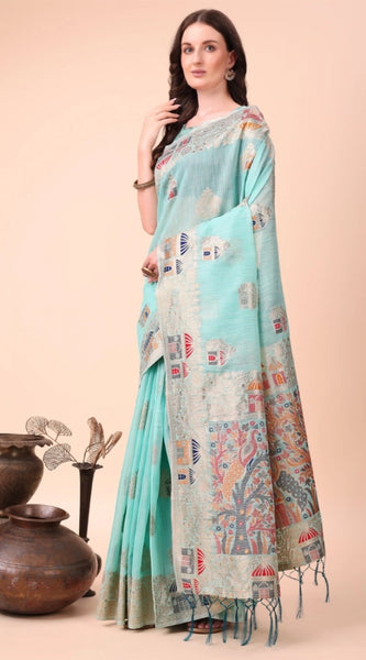 Mayawye Women's Linen Cotton Printed Saree With Unstitched Blouse 5.5Mtr (Sky Blue)