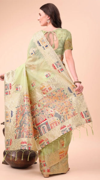 Mayawye Women's Linen Cotton Printed Saree With Unstitched Blouse 5.5Mtr (Light Green)