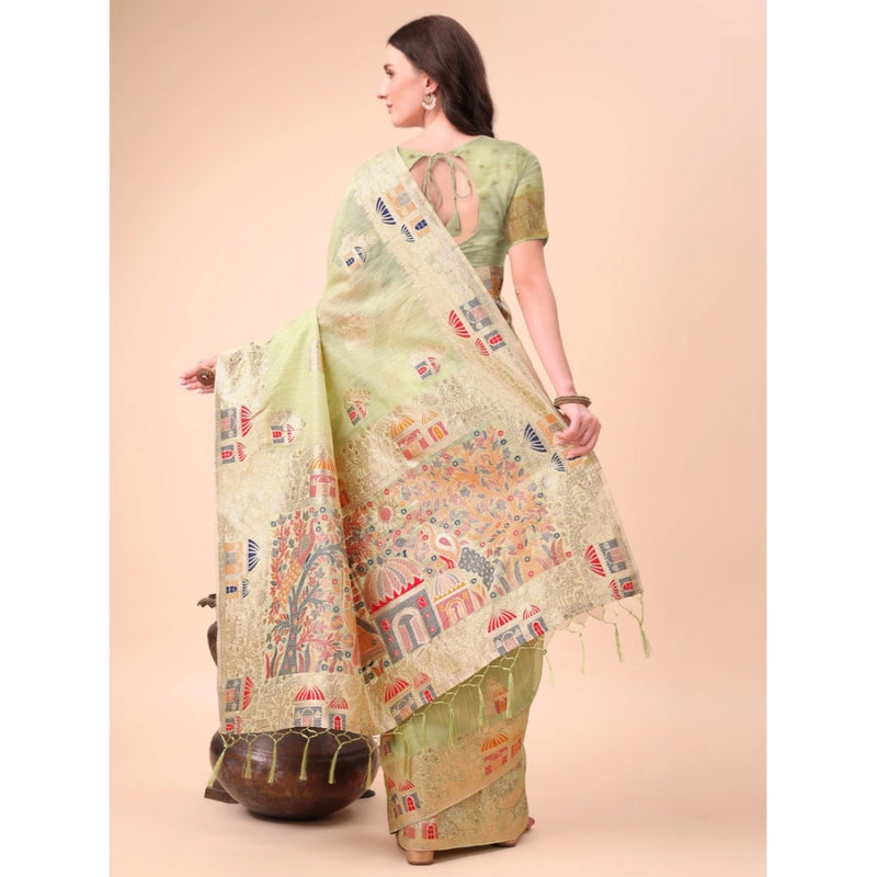 Mayawye Women's Linen Cotton Printed Saree With Unstitched Blouse 5.5Mtr (Light Green)
