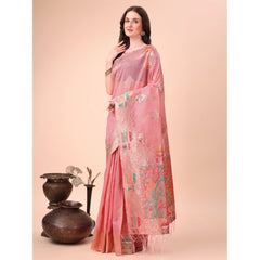 Mayawye Women's Linen Cotton Printed Saree With Unstitched Blouse 5.5Mtr (Pink)