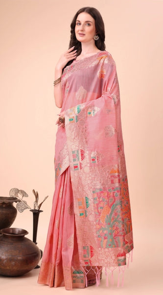 Mayawye Women's Linen Cotton Printed Saree With Unstitched Blouse 5.5Mtr (Pink)
