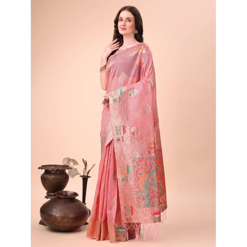 Mayawye Women's Linen Cotton Printed Saree With Unstitched Blouse 5.5Mtr (Pink)