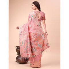 Mayawye Women's Linen Cotton Printed Saree With Unstitched Blouse 5.5Mtr (Pink)