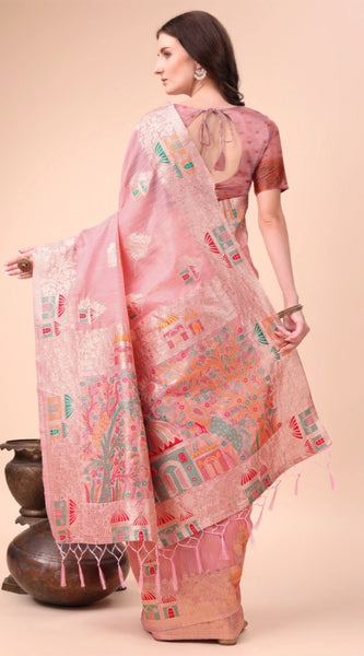 Mayawye Women's Linen Cotton Printed Saree With Unstitched Blouse 5.5Mtr (Pink)