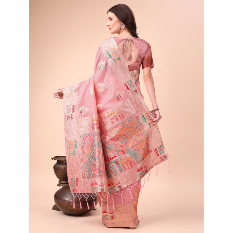 Mayawye Women's Linen Cotton Printed Saree With Unstitched Blouse 5.5Mtr (Pink)