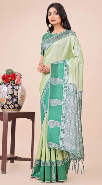 Mayawye Women's Lichi Silk Printed Saree With Unstitched Blouse 5.5Mtr (Light Green)