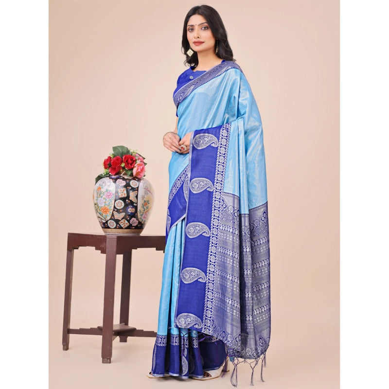 Mayawye Women's Lichi Silk Printed Saree With Unstitched Blouse 5.5Mtr (Sky Blue)