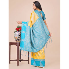 Mayawye Women's Lichi Silk Printed Saree With Unstitched Blouse 5.5Mtr (Yellow)