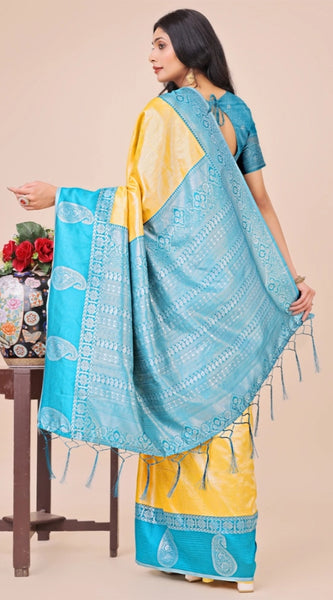 Mayawye Women's Lichi Silk Printed Saree With Unstitched Blouse 5.5Mtr (Yellow)