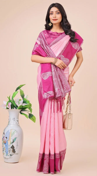 Mayawye Women's Lichi Silk Printed Saree With Unstitched Blouse 5.5Mtr (Light Pink)