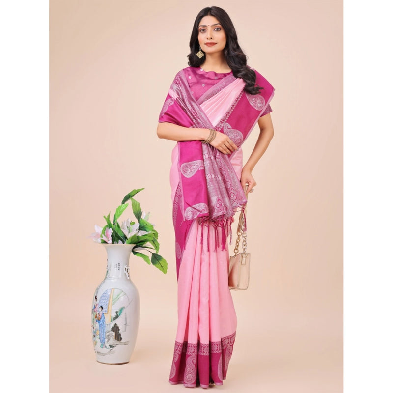Mayawye Women's Lichi Silk Printed Saree With Unstitched Blouse 5.5Mtr (Light Pink)
