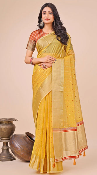 Mayawye Women's Organza Printed Saree With Unstitched Blouse 5.5Mtr (Yellow)