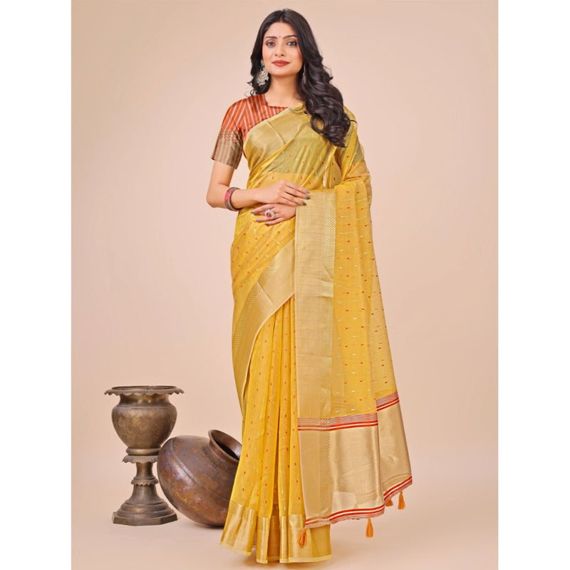 Mayawye Women's Organza Printed Saree With Unstitched Blouse 5.5Mtr (Yellow)