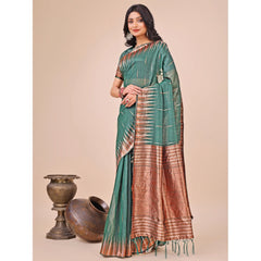 Mayawye Women's Linen Cotton Printed Saree With Unstitched Blouse 5.5Mtr (Green)
