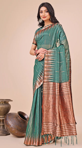 Mayawye Women's Linen Cotton Printed Saree With Unstitched Blouse 5.5Mtr (Green)