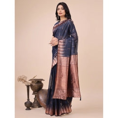 Mayawye Women's Linen Cotton Printed Saree With Unstitched Blouse 5.5Mtr (Navy Blue)