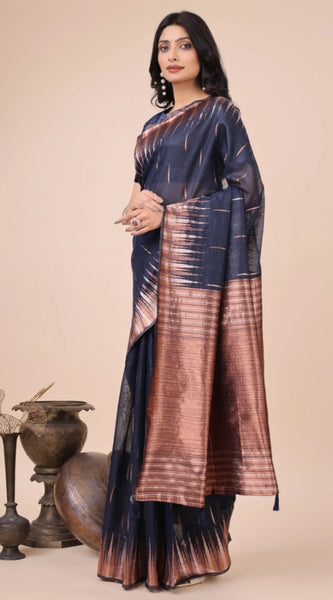 Mayawye Women's Linen Cotton Printed Saree With Unstitched Blouse 5.5Mtr (Navy Blue)