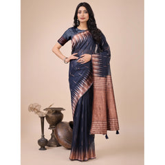 Mayawye Women's Linen Cotton Printed Saree With Unstitched Blouse 5.5Mtr (Navy Blue)