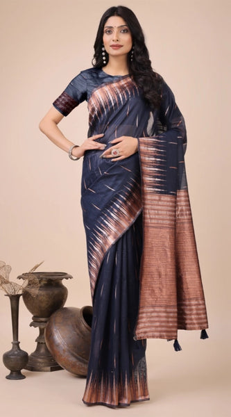 Mayawye Women's Linen Cotton Printed Saree With Unstitched Blouse 5.5Mtr (Navy Blue)