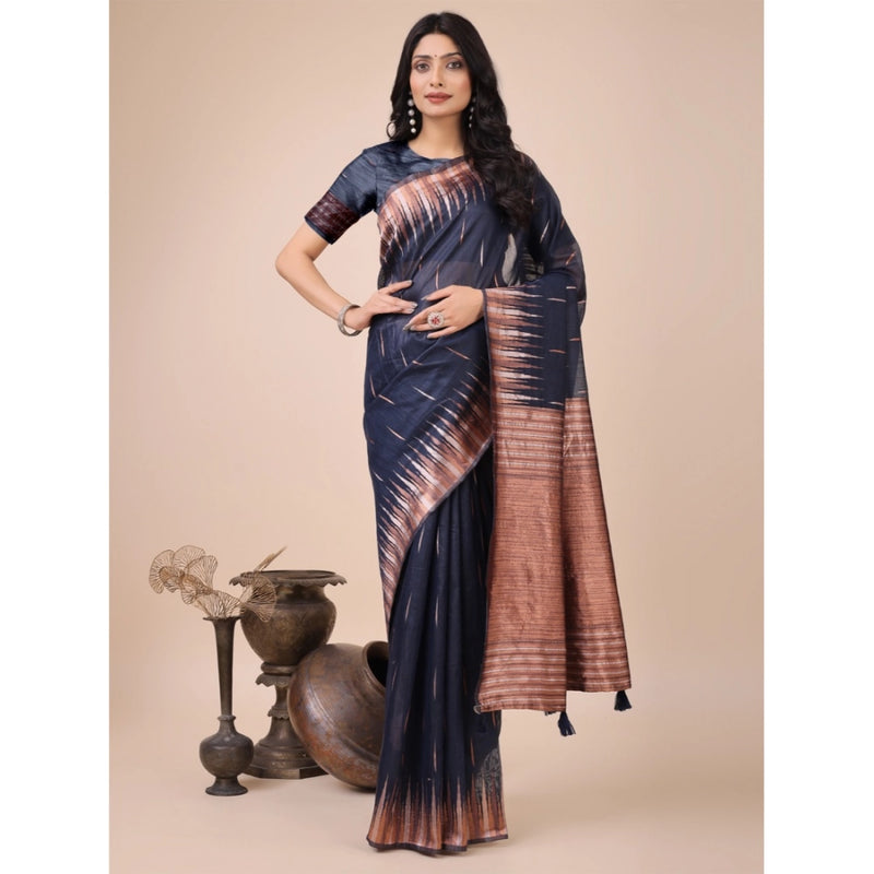 Mayawye Women's Linen Cotton Printed Saree With Unstitched Blouse 5.5Mtr (Navy Blue)