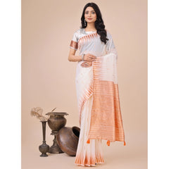Mayawye Women's Linen Cotton Printed Saree With Unstitched Blouse 5.5Mtr (White)