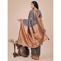 Mayawye Women's Linen Cotton Printed Saree With Unstitched Blouse 5.5Mtr (Grey)