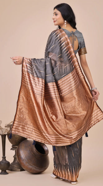 Mayawye Women's Linen Cotton Printed Saree With Unstitched Blouse 5.5Mtr (Grey)
